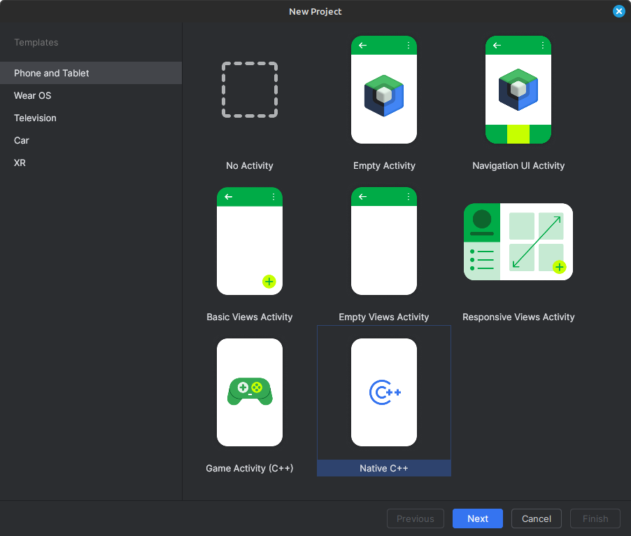New Native C++ Project in Android Studio
