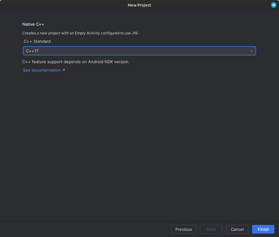 New Native C++ Project in Android Studio