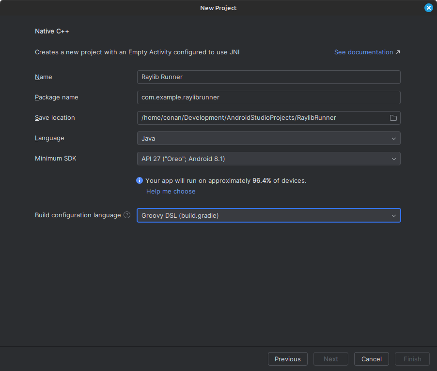 New Native C++ Project in Android Studio