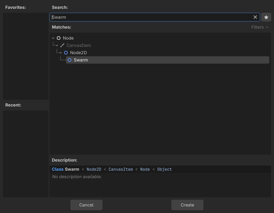 Godot's Create New Node dialog showing the Swarm class under Node2D