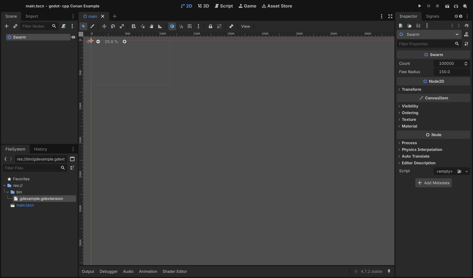 The Godot editor with the Swarm node selected and its Count and Flee Radius properties in the Inspector